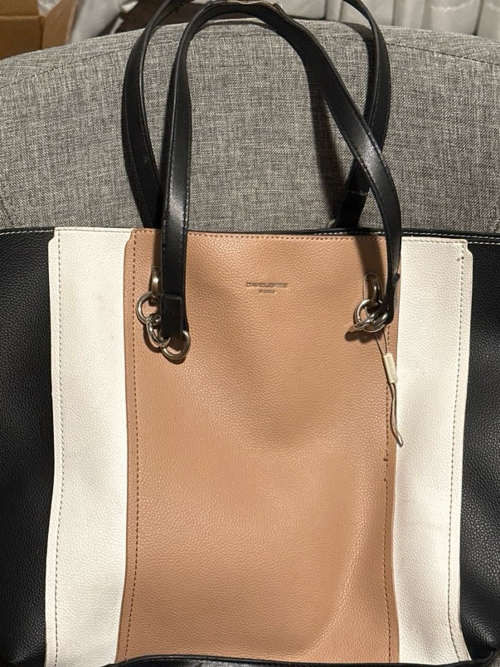 Tote Bag - Black exterior with tan interior estimated 16x11 in